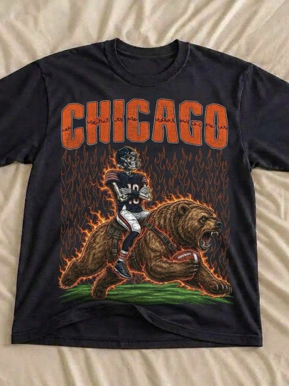 Chicago Bear Football Shirt, Player Riding Bear Flame Graphic Tee - Black Unisex